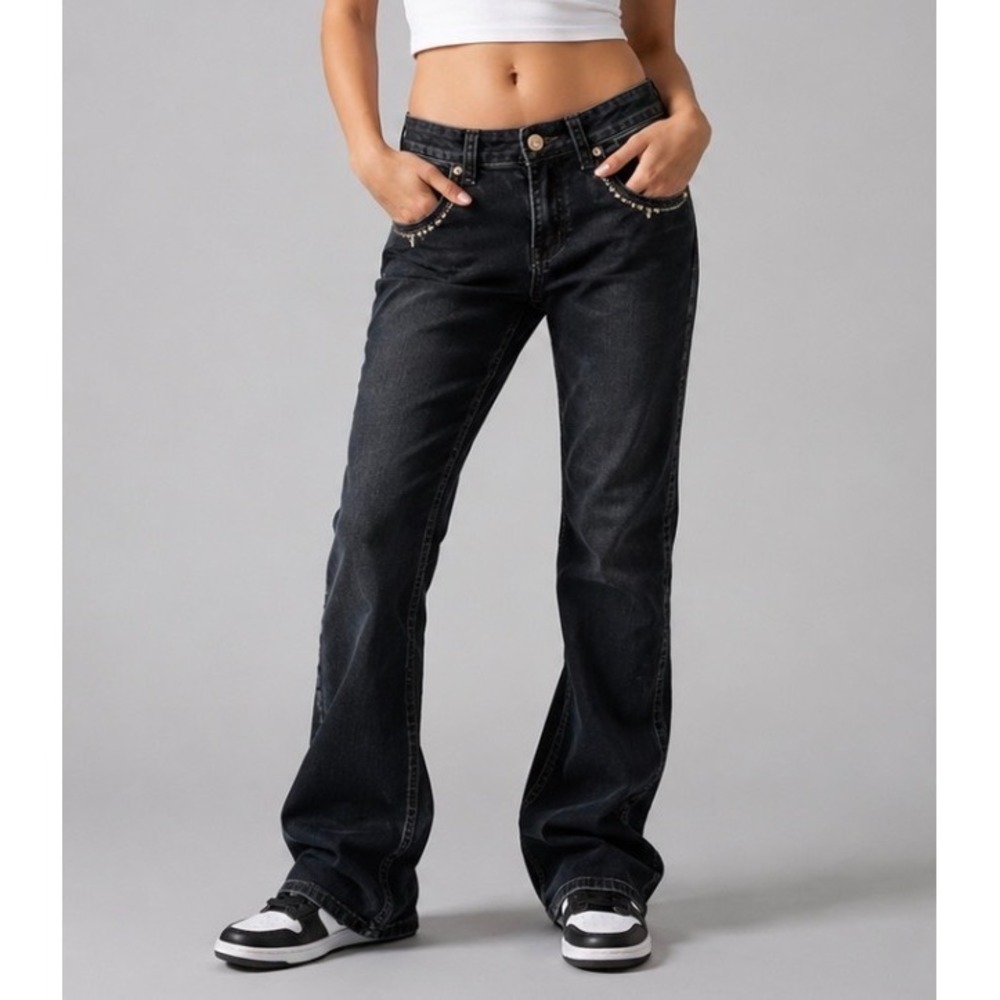 Antique Rivet Womens 32 Black Bootcut Jeans Studded Pockets Denim Stretch 32x32